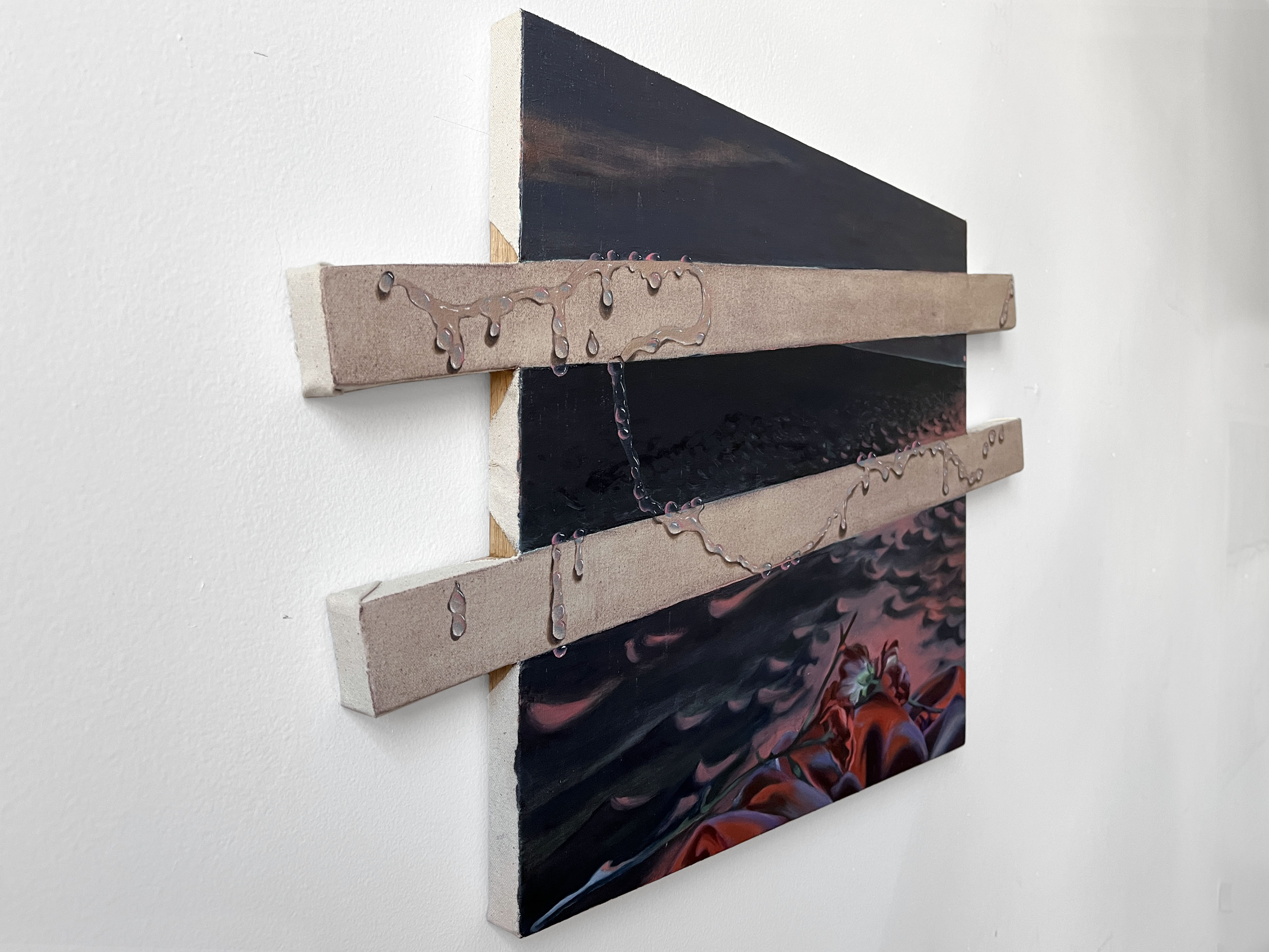 Safe Place for a Secret (left side view), 14x23x1 1/8 <br>oil on built canvas, 2024
<br>